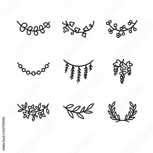 Floral Garland Icons. Outline icon set of floral garlands: eucalyptus strand, ivy vine, baby’s breath chain, globe amaranth string