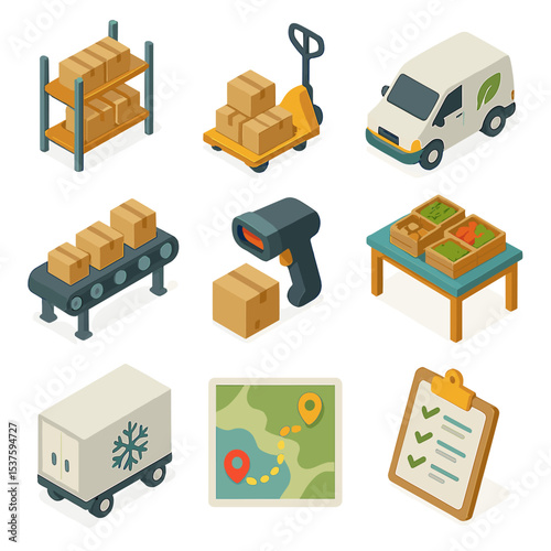 Food Logistics Icons. Isometric Flat icon set of food distribution logistics: warehouse shelf, pallet jack, delivery van, conveyor