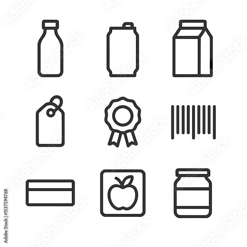 Food Packaging Icons. Outline icon set of food and beverage packaging: bottle silhouette, can outline, carton box, jar clip, label
