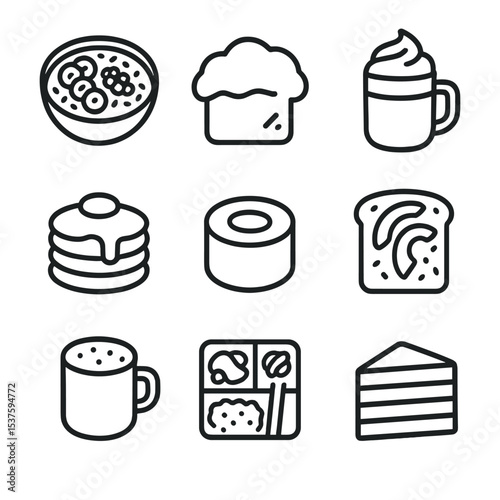 FoodTok Icon Set. Outline icon set of FoodTok trends: smoothie bowl, cloud bread slice, whipped coffee cup, pancake stack, sushi