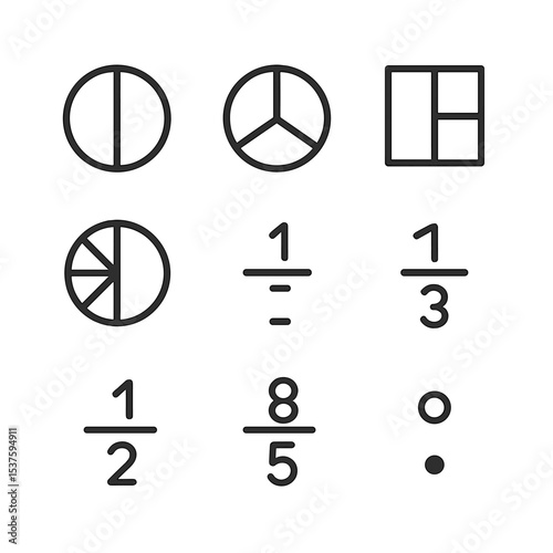 Fraction Icon Set. Outline icon set of fraction representation: half slice, third segment, quarter square, eighth circle,