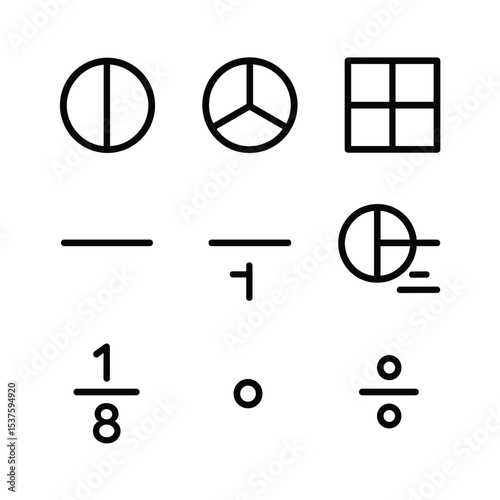 Fraction Icon Set. Outline icon set of fraction representation: half slice, third segment, quarter square, eighth circle,