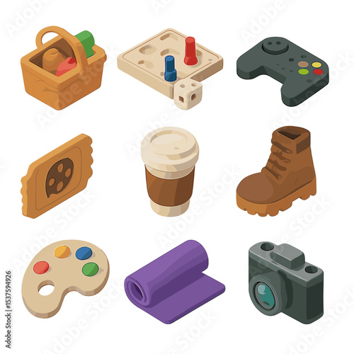 Friendship Activity Icons. Isometric Flat icon set of friendship activities: picnic basket, board game, video game controller,