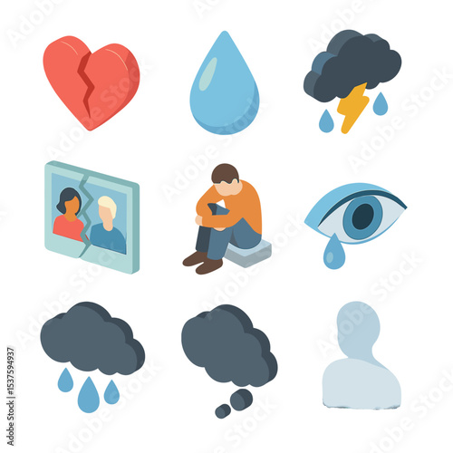Friendship Breakup Icons. Isometric Flat icon set of emotional stages of a friendship breakup: broken heart, teardrop, storm cloud