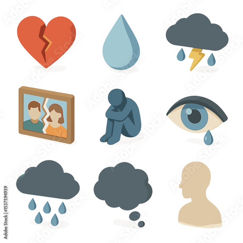 Friendship Breakup Icons. Isometric Flat icon set of emotional stages of a friendship breakup: broken heart, teardrop, storm cloud