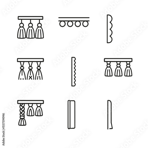 Fringe & Edge Icons. Outline icon set of fringe and edge finishes: tassel bunch, pom-pom trim, scalloped edge, fringe tie, serged
