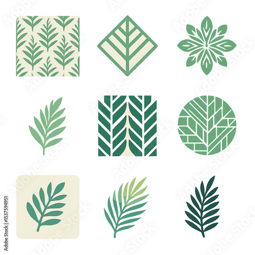 Isometric Frond Icon Set. Isometric Flat icon set of palm-inspired patterns: frond repeat, geometric frond, mandala frond,