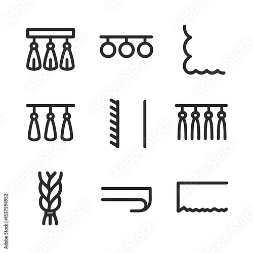 Fringe & Edge Icons. Outline icon set of fringe and edge finishes: tassel bunch, pom-pom trim, scalloped edge, fringe tie, serged
