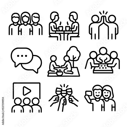 Friendship Icon Set. Outline icon set of friendships and socializing: group of friends, coffee meetup, high-five gesture, shared