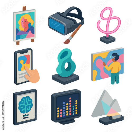 Isometric Fusion Art Icons. Isometric Flat icon set of modern fusion art: digital collage canvas, VR painting headset, neon
