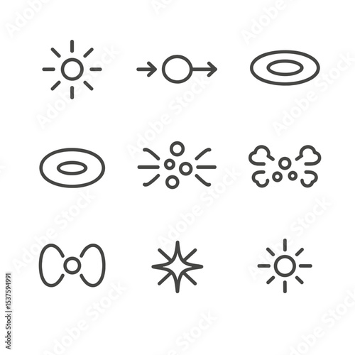 Galactic Nuclei Icons. Outline icon set of active galactic nuclei: quasar core, relativistic jet, accretion disk, dusty torus,