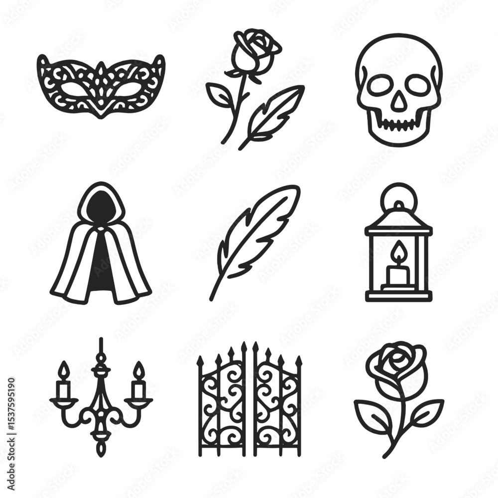 Fototapeta premium Gothic Masquerade Icons. Outline icon set of gothic masquerade style: black lace mask, dark rose, skull mask, velvet cloak, raven