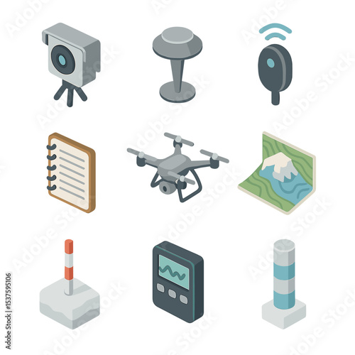 Glacier Monitoring Icons. Isometric Flat icon set of glacier retreat monitoring: time-lapse camera, survey marker, GPS beacon,
