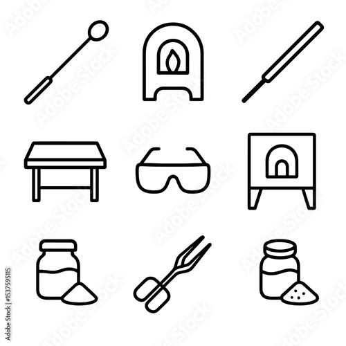 Glassblowing Icon Set. Outline icon set of glass blowing and stained glass: blowpipe, furnace, glass rod, marver table, punty,