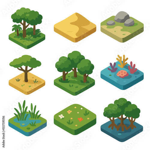 Global Biomes Icon Set. Isometric Flat icon set of global biomes: tropical rainforest canopy, desert sand dune, tundra plain,