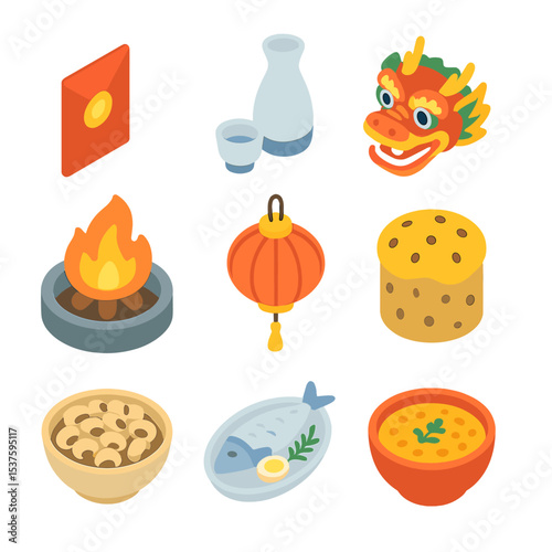 Global New Year Icons. Isometric Flat icon set of global New Year traditions: red envelope, sake bottle with cup, dragon dance