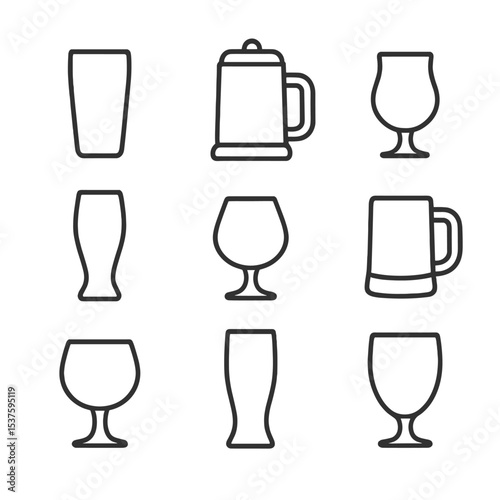 Glassware Icon Set. Outline icon set of glassware collection: pint glass, beer stein, tulip glass, weizen glass, snifter, mug,