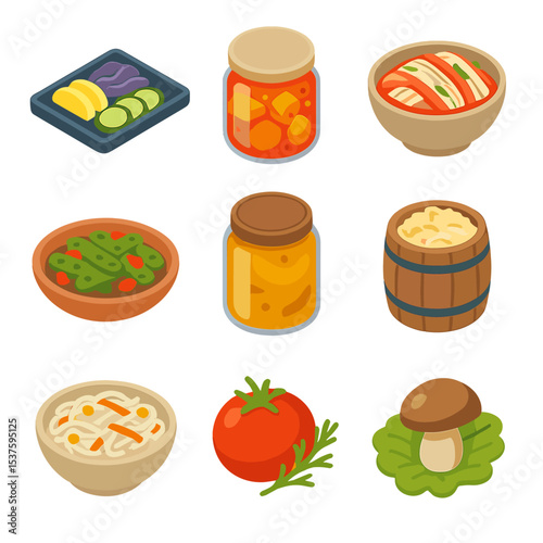 Global Pickles Icons. Isometric Flat icon set of cultural pickles worldwide: Japanese tsukemono plate, Indian achar jar, Korean