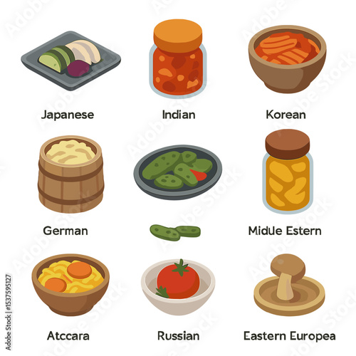 Global Pickles Icons. Isometric Flat icon set of cultural pickles worldwide: Japanese tsukemono plate, Indian achar jar, Korean