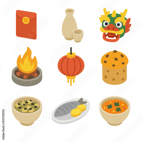 Global New Year Icons. Isometric Flat icon set of global New Year traditions: red envelope, sake bottle with cup, dragon dance