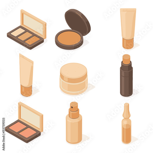 Glow Makeup Icon Set. Isometric Flat icon set of glow-enhancing makeup: highlighter palette, bronzer compact, illuminating primer