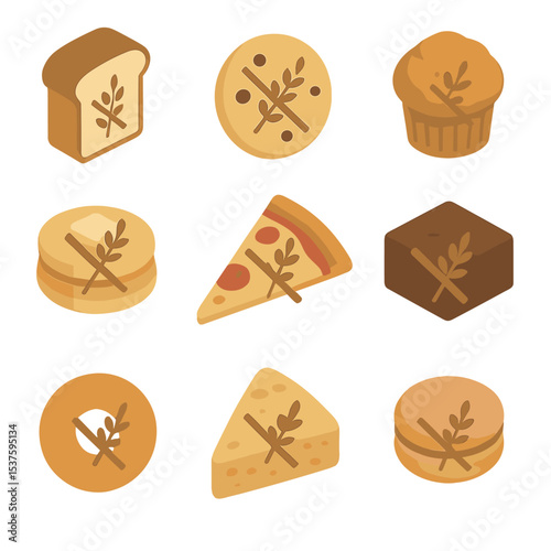 Gluten-Free Icon Set. Isometric Flat icon set of gluten-free baked options: gluten-free bread slice, gluten-free cookie,