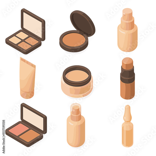 Glow Makeup Icon Set. Isometric Flat icon set of glow-enhancing makeup: highlighter palette, bronzer compact, illuminating primer