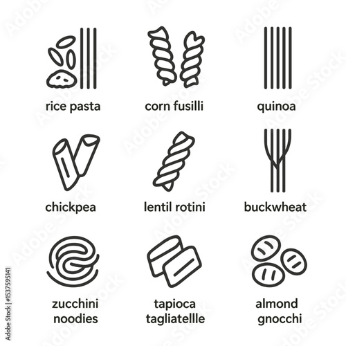 Gluten-Free Noodle Icons. Outline icon set of gluten-free alternatives: rice pasta, corn fusilli, quinoa spaghetti, chickpea penne