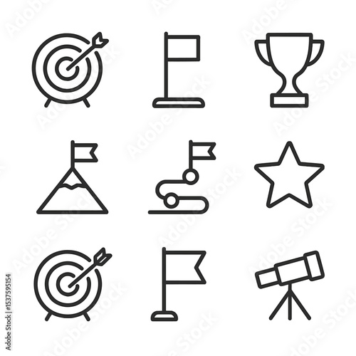 Goal Achievement Icons. Outline icon set of goal setting and milestones: target board, flag, trophy, mountain peak, roadmap,