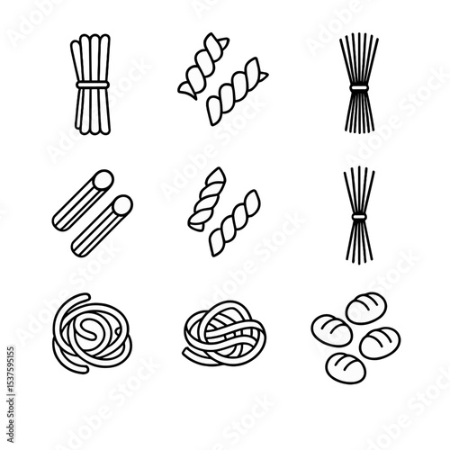 Gluten-Free Noodle Icons. Outline icon set of gluten-free alternatives: rice pasta, corn fusilli, quinoa spaghetti, chickpea penne