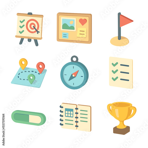 Goal Planning Icons. Isometric Flat icon set of goal setting and planning: goal board, vision board, milestone marker, roadmap,