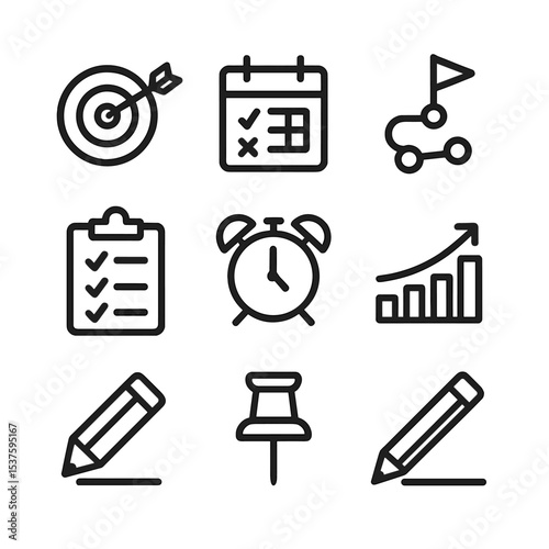 Goal Planning Icons. Outline icon set of goal setting and planning: target bullseye, calendar page, roadmap, milestone flag,