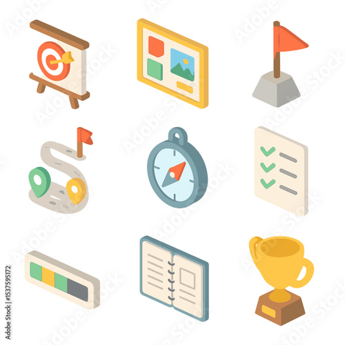 Goal Planning Icons. Isometric Flat icon set of goal setting and planning: goal board, vision board, milestone marker, roadmap,