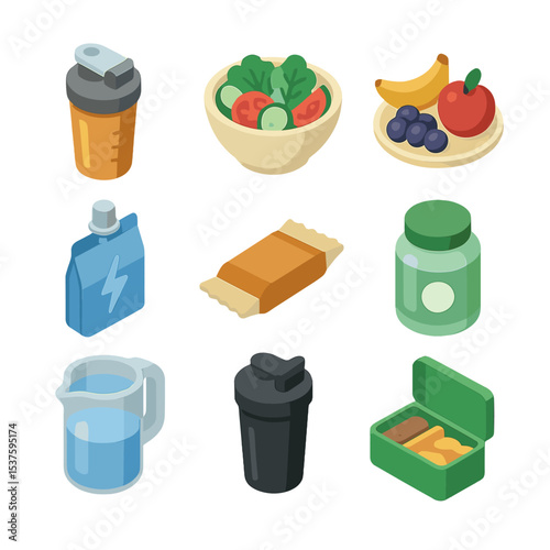 Golf Nutrition Icons. Isometric Flat icon set of golf nutrition & hydration: protein shake bottle, salad bowl, fruit platter,