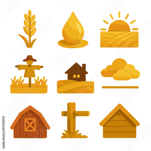 Golden Wheat Icons. Isometric Flat icon set of golden wheat field at sunrise: wheat stalk, dew droplet, rising sun, horizon line,