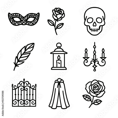 Gothic Masquerade Icons. Outline icon set of gothic masquerade style: black lace mask, dark rose, skull mask, velvet cloak, raven