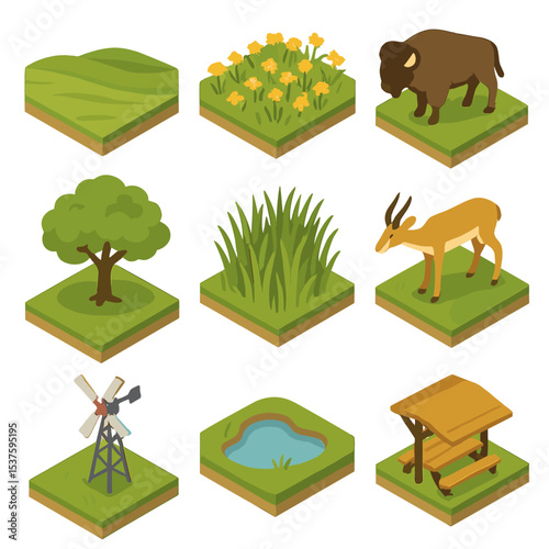 Grassland Icon Set. Isometric Flat icon set of grassland and plain landscapes: rolling prairie, wildflower patch, bison, lone oak,