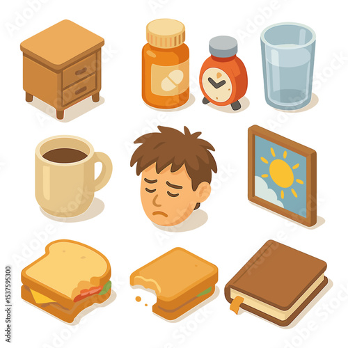 Hangover Morning Icons. Isometric Flat icon set of morning-after hangover scene: bedside table, alarm clock, aspirin bottle, water