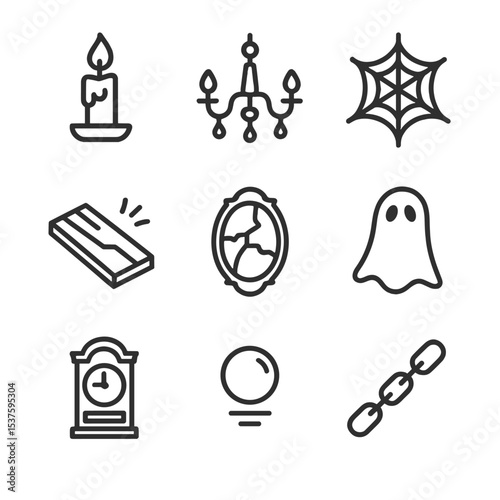 Haunted Room Icons. Outline icon set of haunted room props: flickering candle, dusty chandelier, cobweb, creaking floorboard,