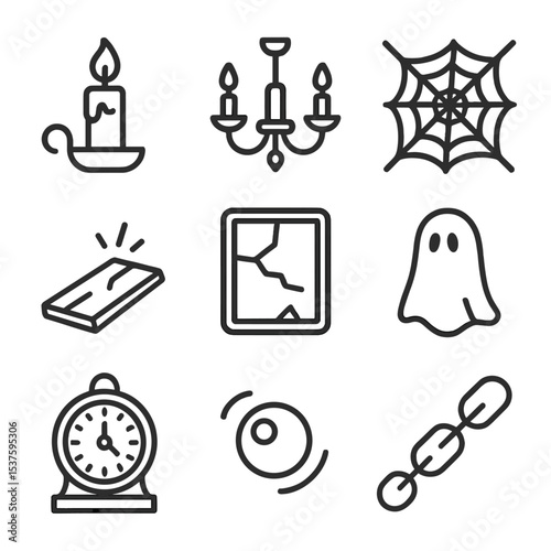 Haunted Room Icons. Outline icon set of haunted room props: flickering candle, dusty chandelier, cobweb, creaking floorboard,