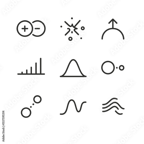 Hawking Radiation Icons. Outline icon set of Hawking radiation: particle pair, antiparticle, quantum fluctuation spark, emission