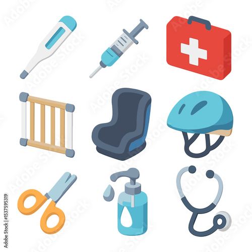 Health and Safety Icons. Isometric Flat icon set of Health and Safety: thermometer, vaccination syringe, first aid kit, baby gate,