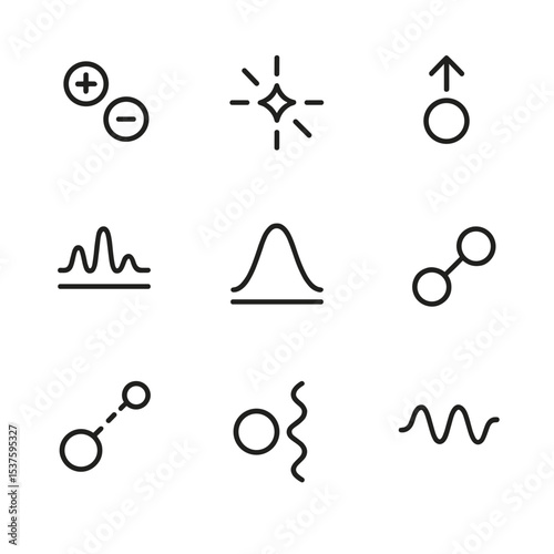 Hawking Radiation Icons. Outline icon set of Hawking radiation: particle pair, antiparticle, quantum fluctuation spark, emission
