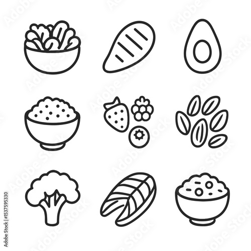 Healthy Foods Icon Grid. Outline icon set of healthy foods: green salad, grilled chicken, avocado slice, quinoa bowl, mixed