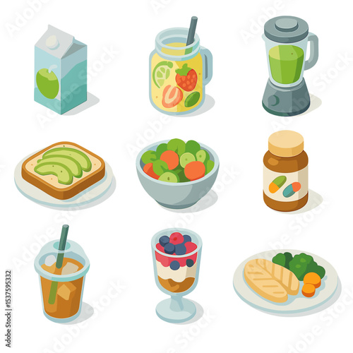 Healthy Glow Nutrition. Isometric Flat icon set of healthy glow nutrition: coconut water carton, fruit-infused detox jar, green