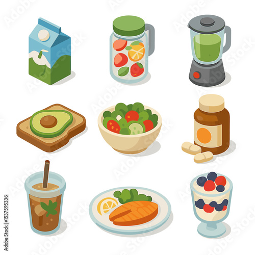 Healthy Glow Nutrition. Isometric Flat icon set of healthy glow nutrition: coconut water carton, fruit-infused detox jar, green