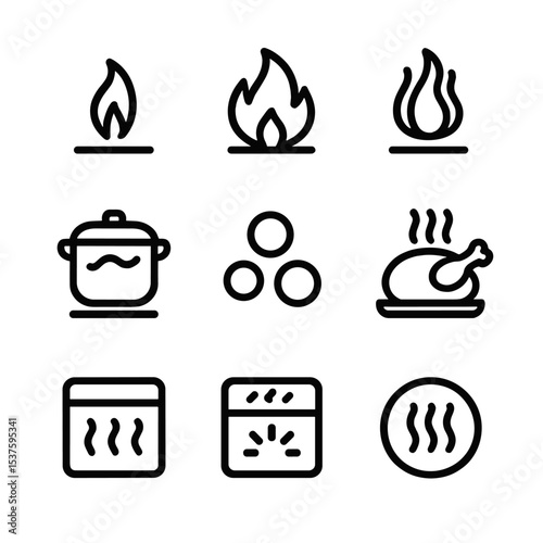 Heat Settings Icons. Outline icon set of heat settings: low flame, medium flame, high flame, simmer icon, boil bubble, roast heat,
