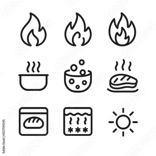 Heat Settings Icons. Outline icon set of heat settings: low flame, medium flame, high flame, simmer icon, boil bubble, roast heat,