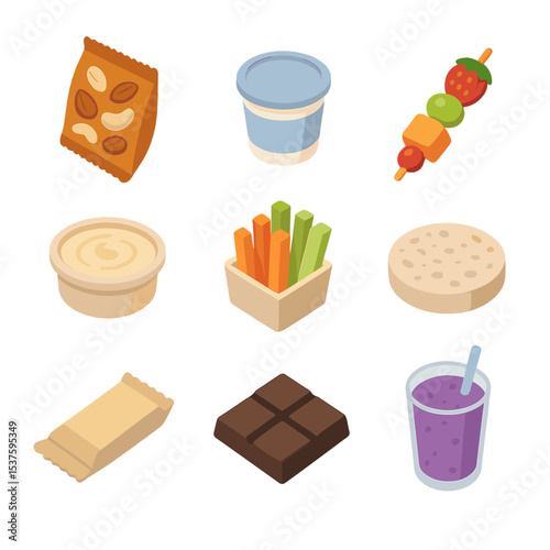 Healthy Snack Icons. Isometric Flat icon set of healthy snack choices: mixed nuts packet, Greek yogurt cup, fruit skewer, hummus