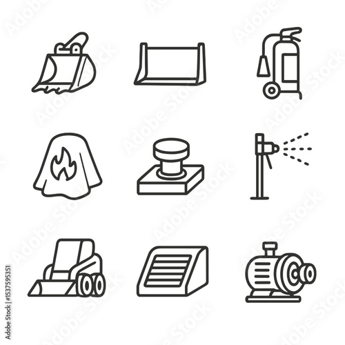 Heavy Machinery Firefighting Icons. Outline icon set of heavy machinery firefighting: excavator bucket, bulldozer blade, fire